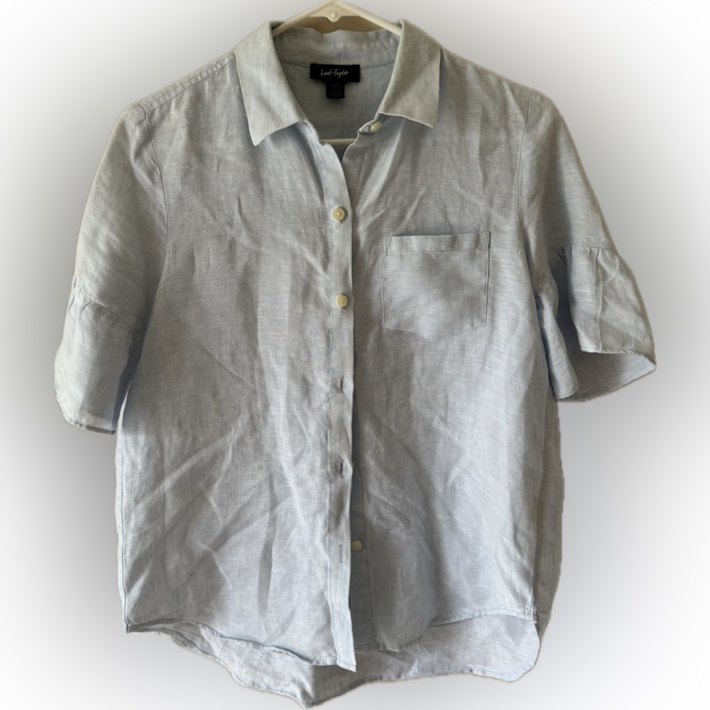 Lord & Taylor Pale Blue Short Sleeve Linen Shirt